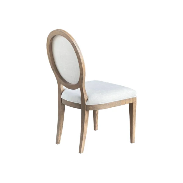 A chair with white seat and wooden frame.