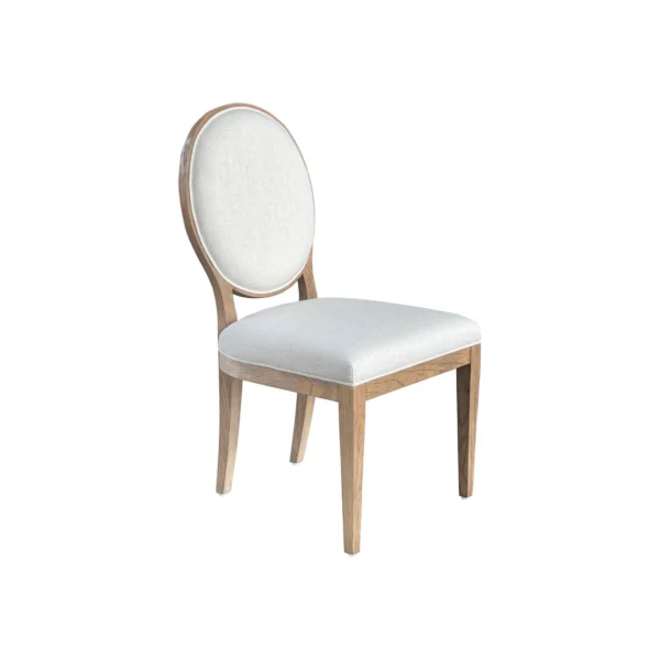 A white chair with wooden legs and padded seat.