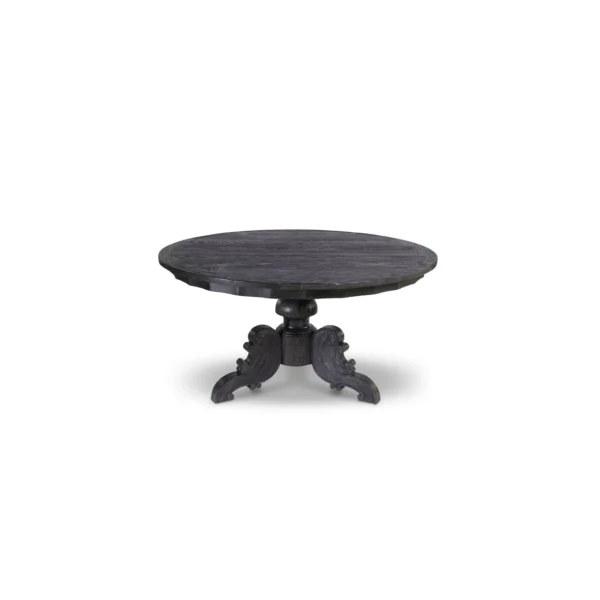 A black table with a round top and four legs.