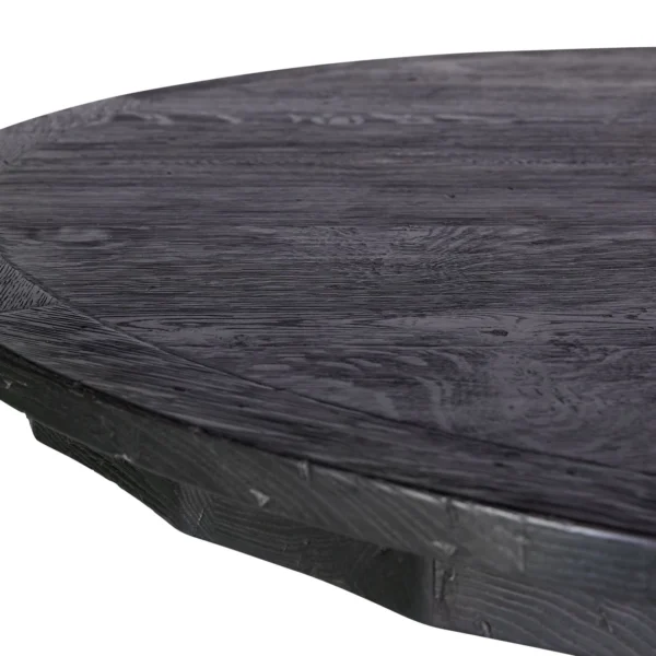 A black table with a wooden top