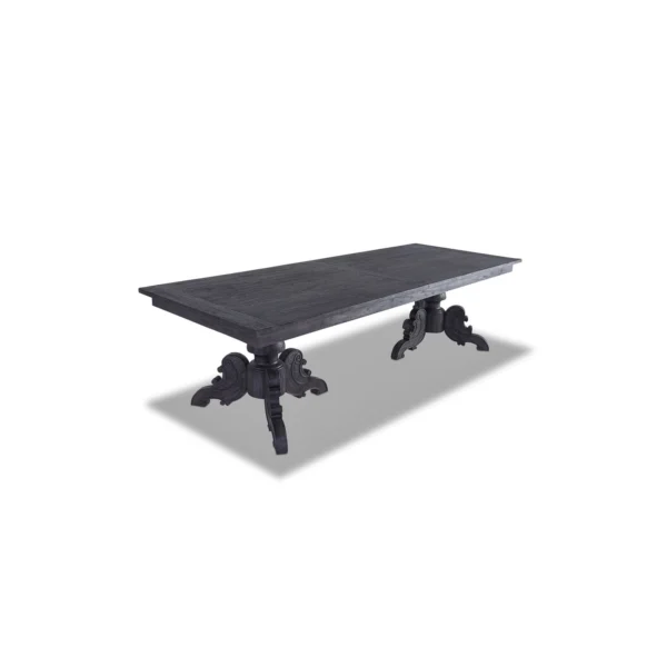 A black table with two wooden legs and three smaller ones.