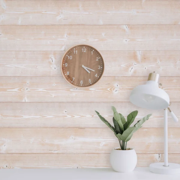 A clock and plant on top of a table.