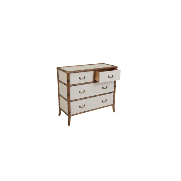 A white dresser with four drawers and two wooden legs.