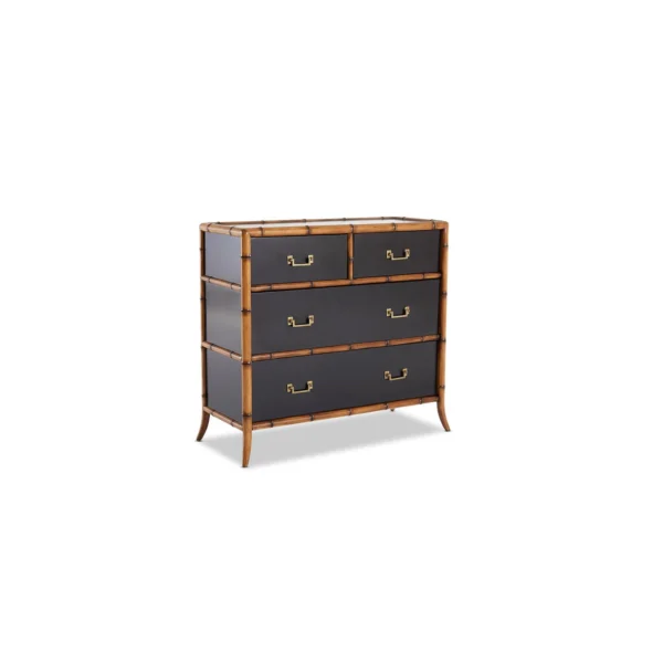 A black and brown chest of drawers with gold handles.