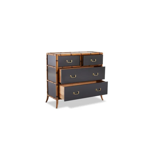 A black chest of drawers with four drawers.