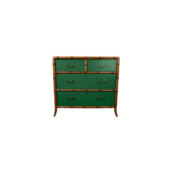 A green dresser with bamboo trim and drawers.