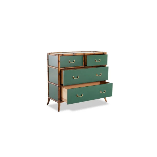 A green chest of drawers with four drawers.