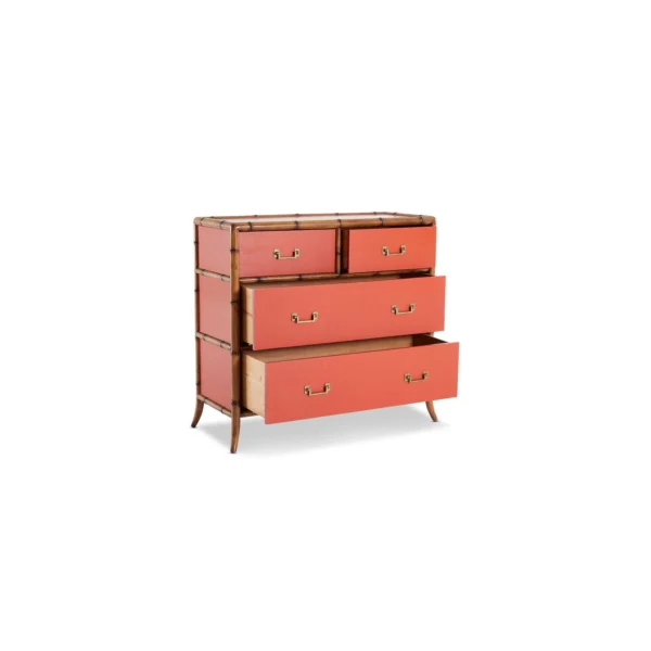 A red chest of drawers with four drawers.