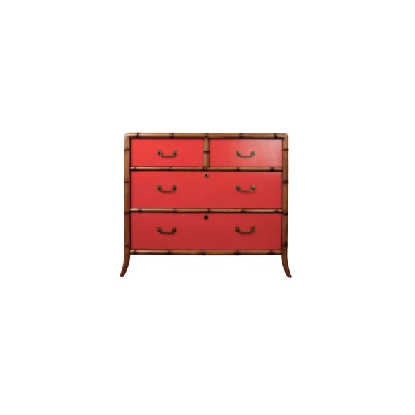 A red chest of drawers with four drawers.