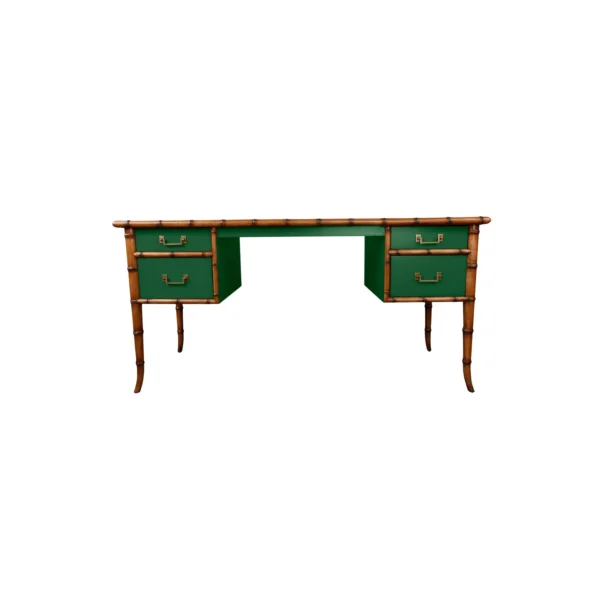 A green desk with two drawers and a wooden frame.