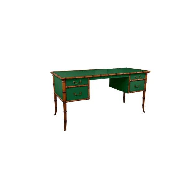 A green desk with two drawers and a wooden frame.