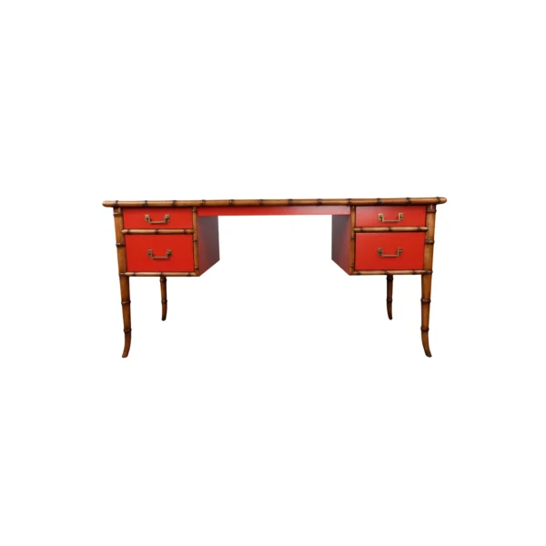 A red desk with four drawers and two legs.