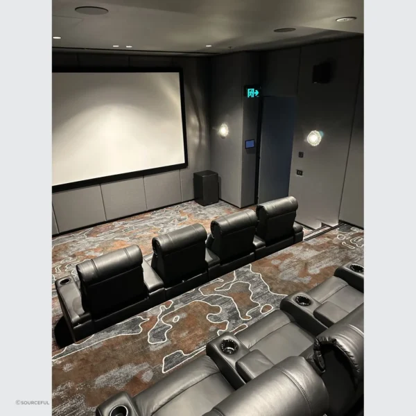 A room with several seats and a projector screen.