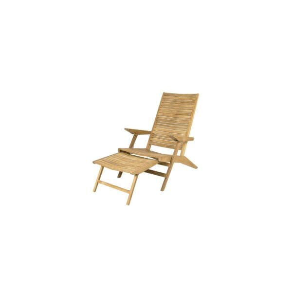 A wooden chair with a foot rest on top of it.