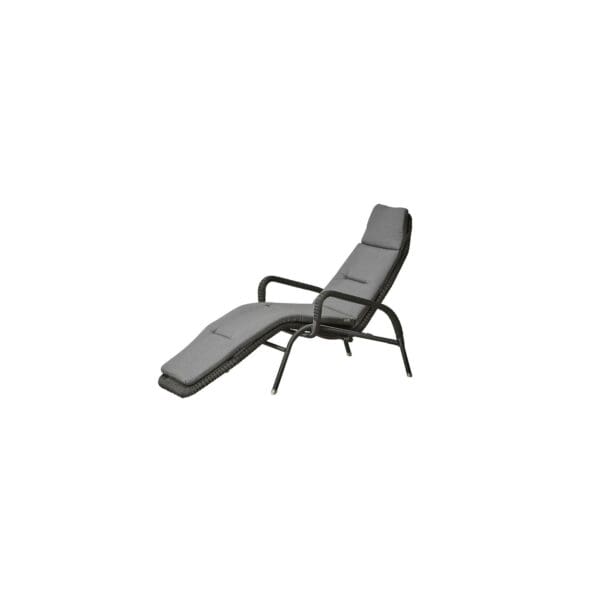 A black lounge chair with arms and back rests.