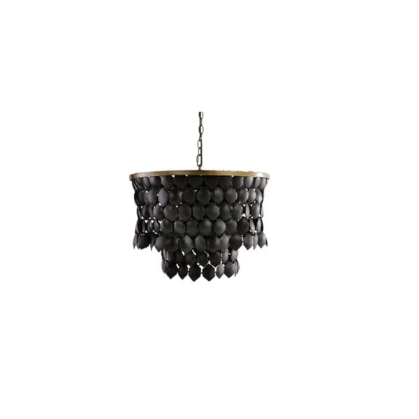 A black chandelier hanging from the ceiling.