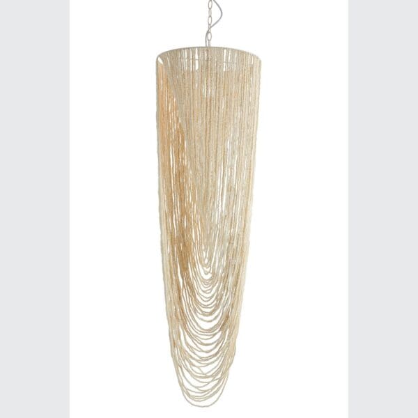 A long, tall light fixture with many strands of beads.