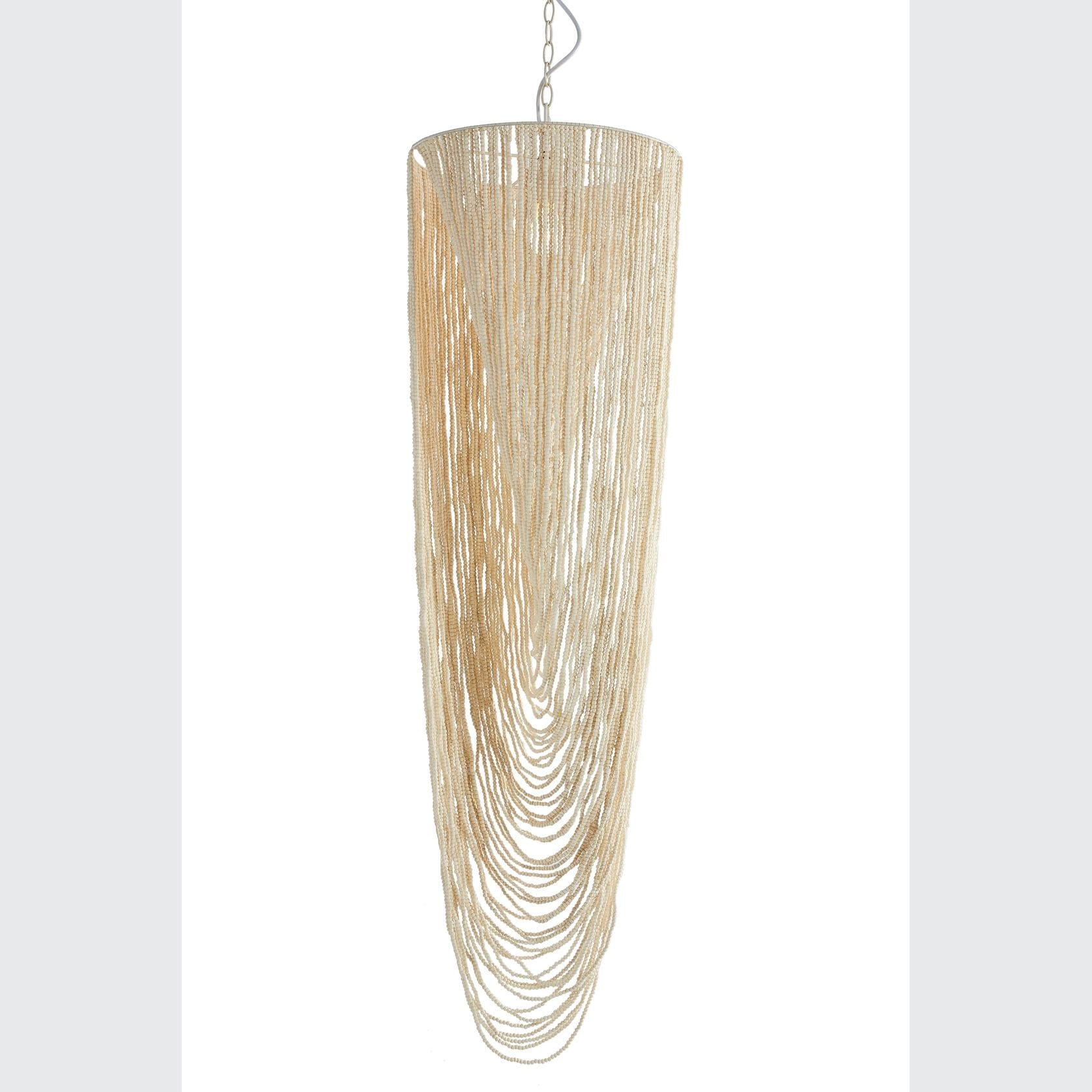 A long, tall light fixture with many strands of beads.