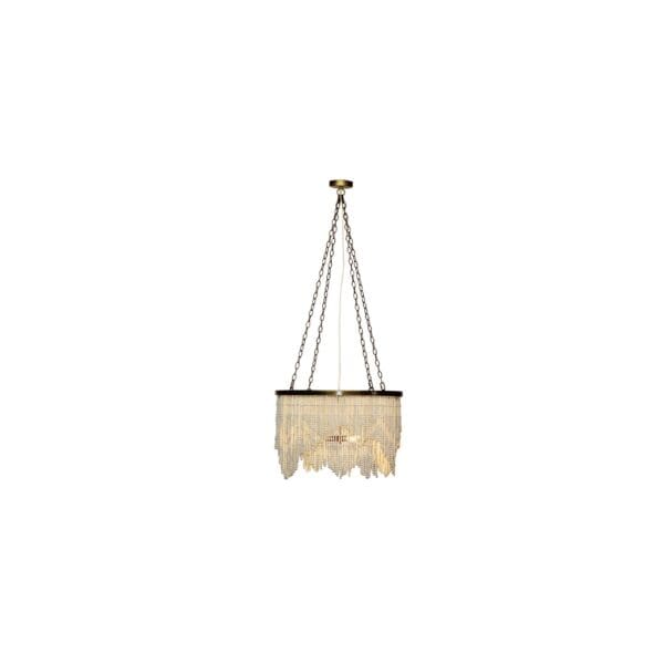 A hanging light fixture with a white shade.