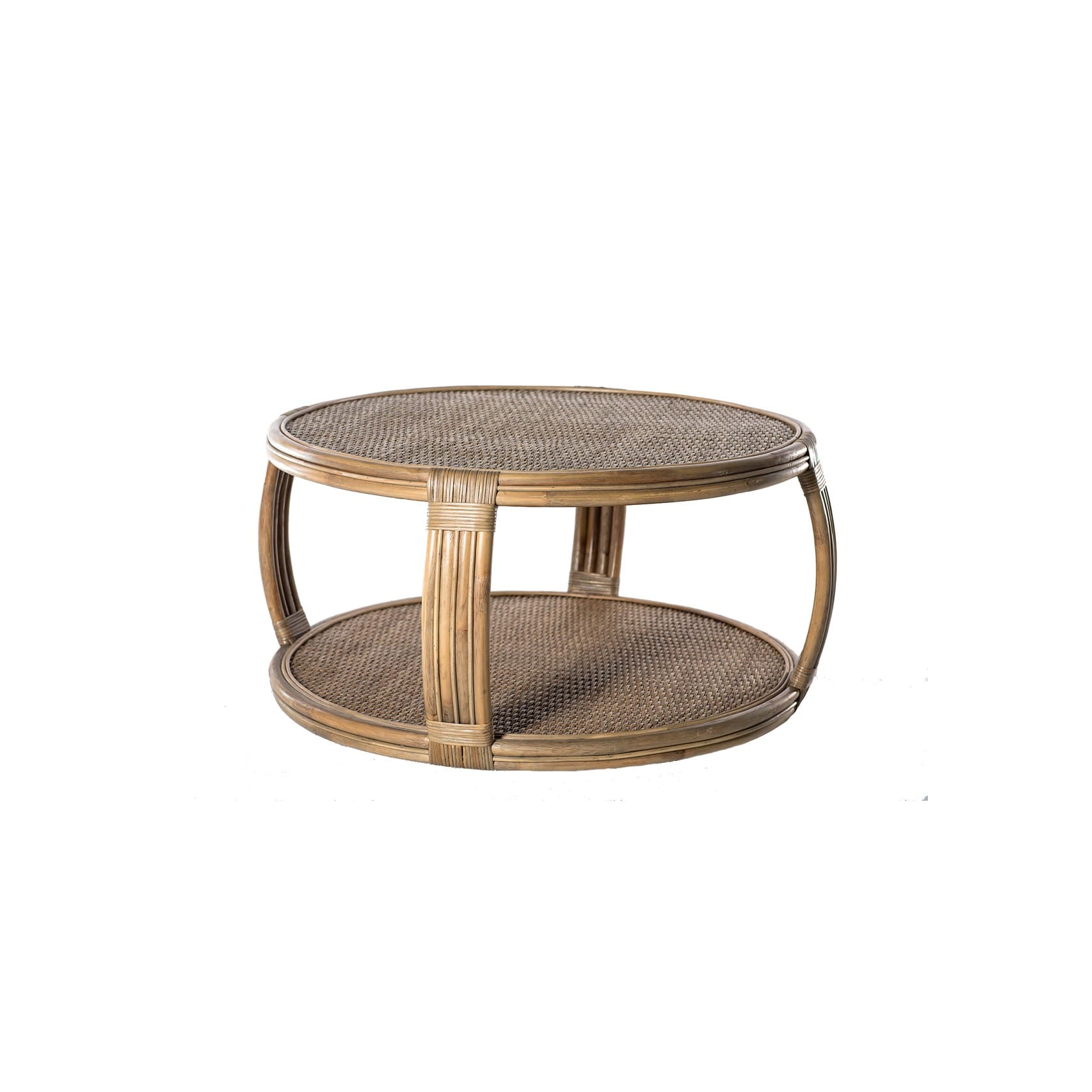 A round coffee table with two shelves and a wooden frame.