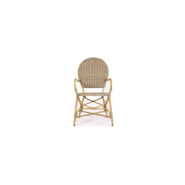 A chair with a round back and wooden frame.