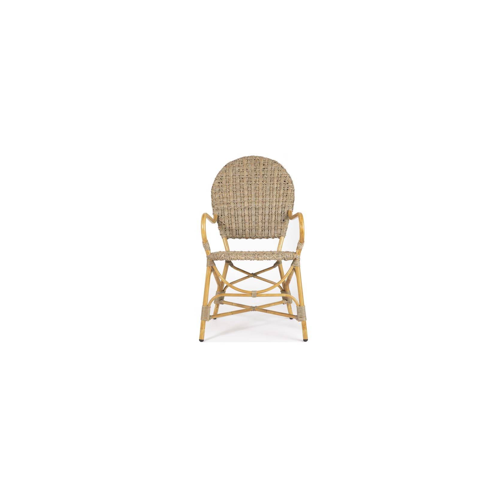 A chair with a round back and wooden frame.