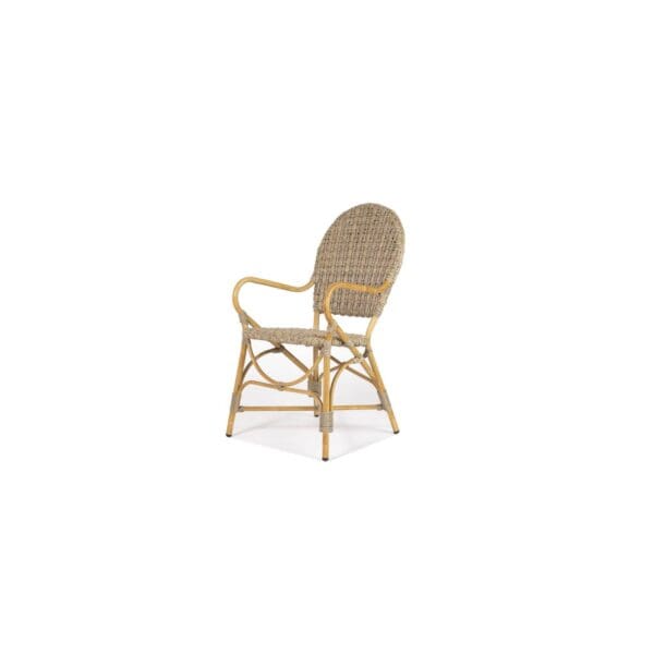 A chair with a wooden frame and wicker seat.