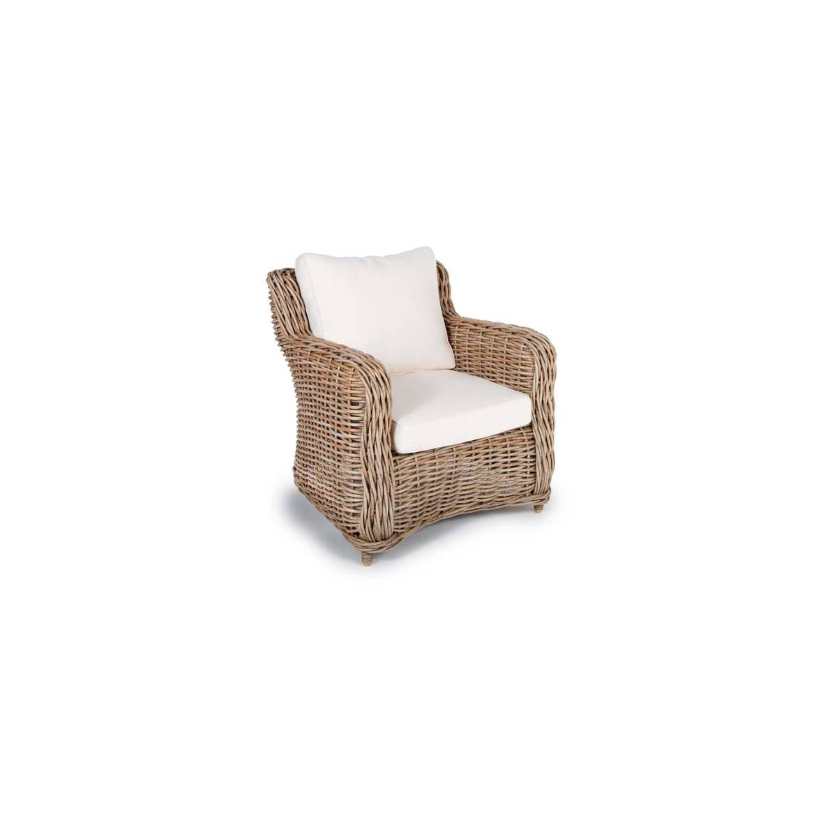 A chair with white cushion and brown wicker.