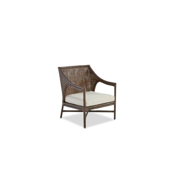 A brown chair with white cushion on top of it.