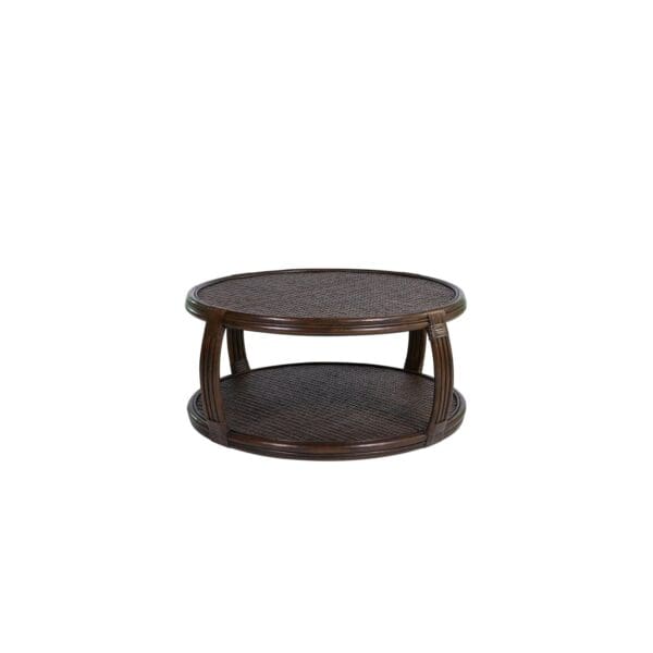 A round wooden table with two levels.